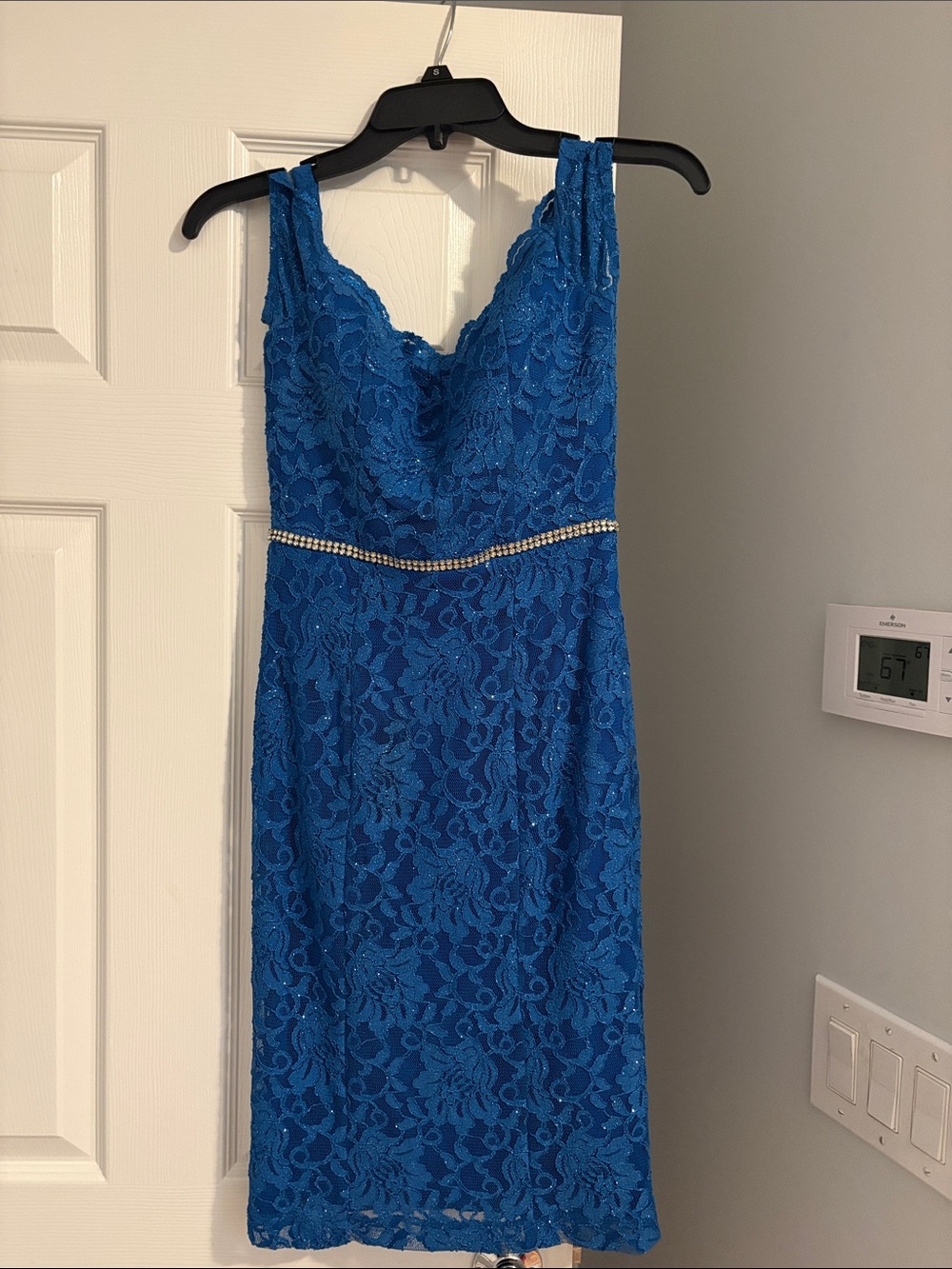 Xtraordinary Royal Blue Lace Mini Dress with Rhinestone Waist